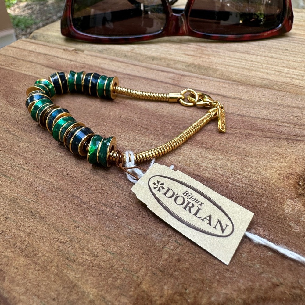 D'Orlan Gold Plated Bracelet with Green and Navy Enamel Beads